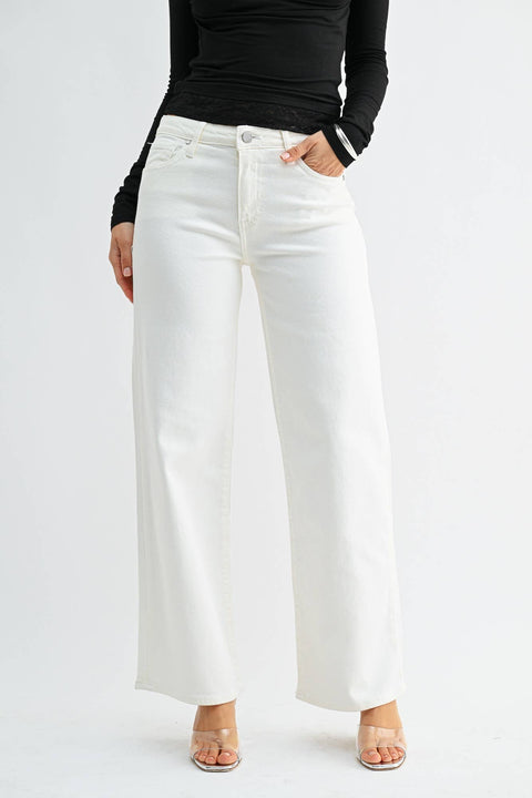Off White Slim Wide Leg Jeans – Mid Rise Stretch Denim