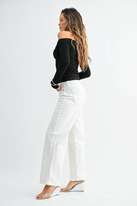 Off White Slim Wide Leg Jeans – Mid Rise Stretch Denim